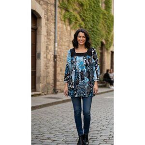 New Directions Womens Multicolor Square Neck 3/4 Sleeve Top M Polyester/Spandex